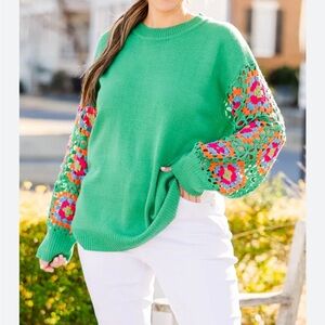 Chic Soul Green Sweater with Colorful Crochet Sleeves